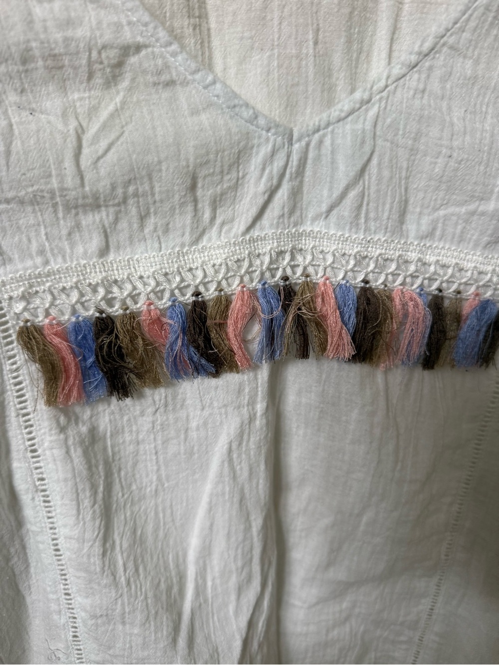 White V-Neck Tassel Trim Top with Pink, Blue and Brown Accents